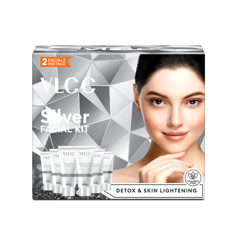 VLCC Silver Facial Kit packaging with a woman's face on a white background Buy at Indicrest