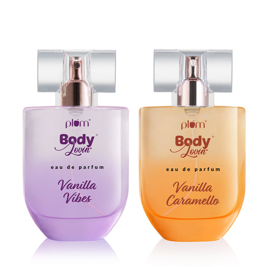 Plum Smell Like A Dessert Perfume Duo by Plum BodyLovin' | Vanilla Vibes Perfume & Vanilla Caramello Perfume | Long Lasting | Travel-Friendly | Delicious Fragrances | Luxury Perfume Buy at Indicrest