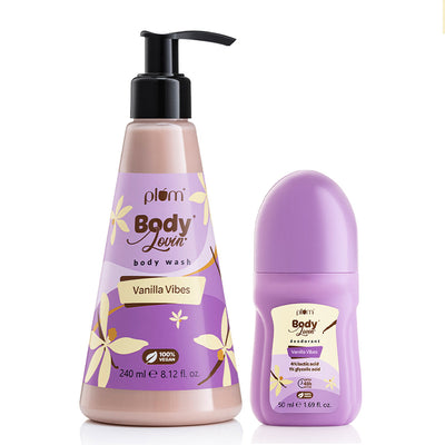Plum Warm Vanilla Body Wash & Roll-On Duo by Plum BodyLovin' | Creamy Body Wash | Hydrating Formula | 4% Lactic Acid & 1% Glycolic Acid Deo Roll-On | Controls Odor & Fades Underarm Darkness | Warm Vanilla Fragrance