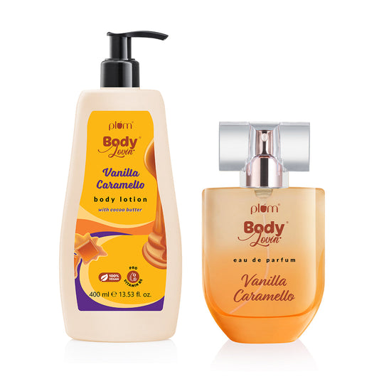 Plum Smell Delish Vanilla Caramello Lotion & Perfume Duo by Plum BodyLovin' | Deep Hydration|Glowing Skin|Long Lasting Buy at Indicrest