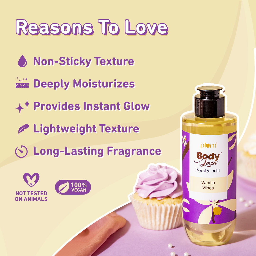 Plum Vanilla Vibes Body Oil by Plum BodyLovin' | Intense Moisture & Instant Glow | Non-Greasy & Lightweight | Nourishes Skin | Warm Vanilla Fragrance, 100ml