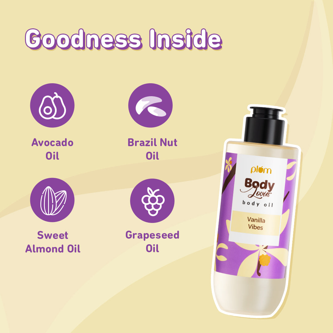 Plum Vanilla Vibes Body Oil by Plum BodyLovin' | Intense Moisture & Instant Glow | Non-Greasy & Lightweight | Nourishes Skin | Warm Vanilla Fragrance, 100ml