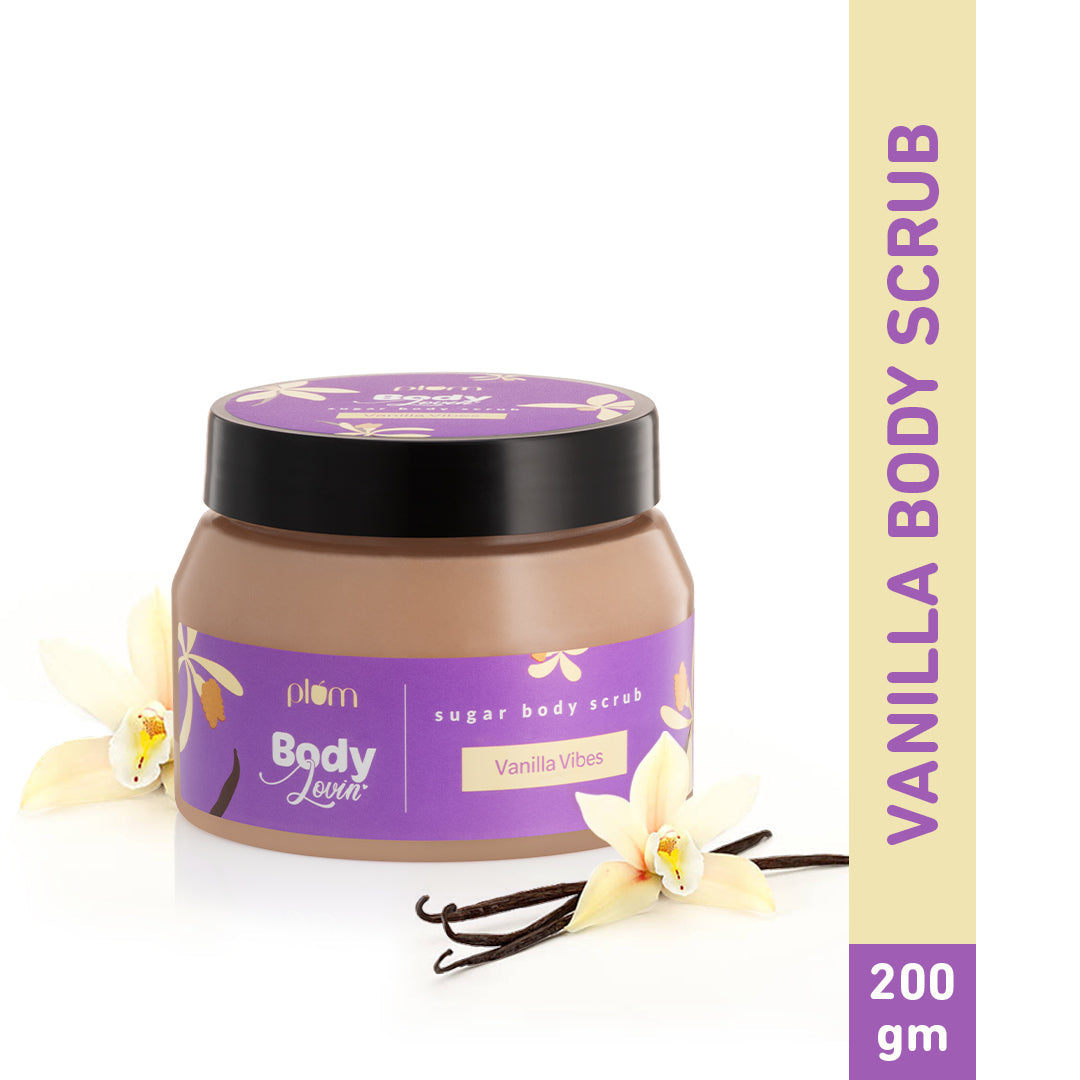 Plum Vanilla Vibes Sugar Body Scrub by Plum BodyLovin' | Exfoliates & Brightens Skin | Removes Tan | Non-Drying | Improves Skin Texture | Warm Vanilla Fragrance, 100g