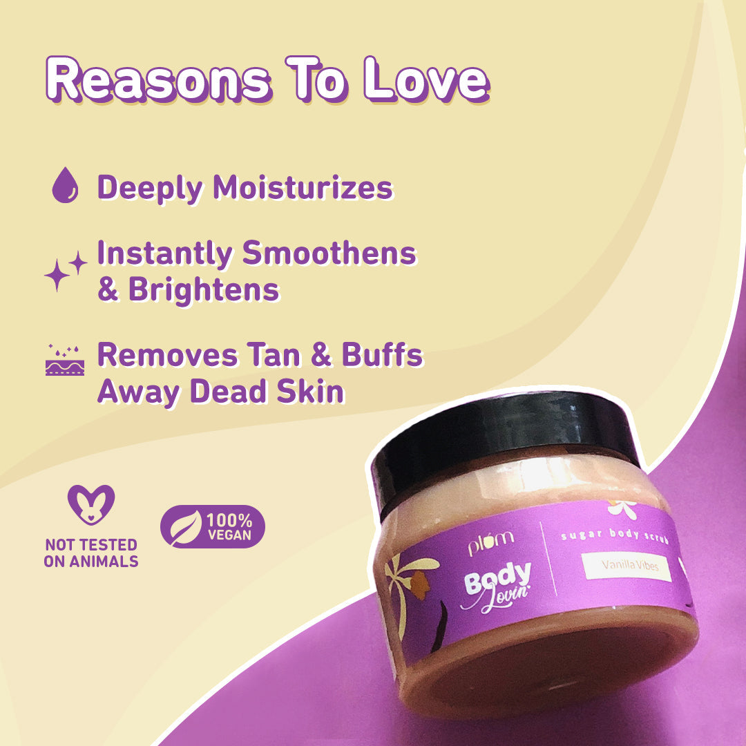 Plum Vanilla Vibes Sugar Body Scrub by Plum BodyLovin' | Exfoliates & Brightens Skin | Removes Tan | Non-Drying | Improves Skin Texture | Warm Vanilla Fragrance, 100g