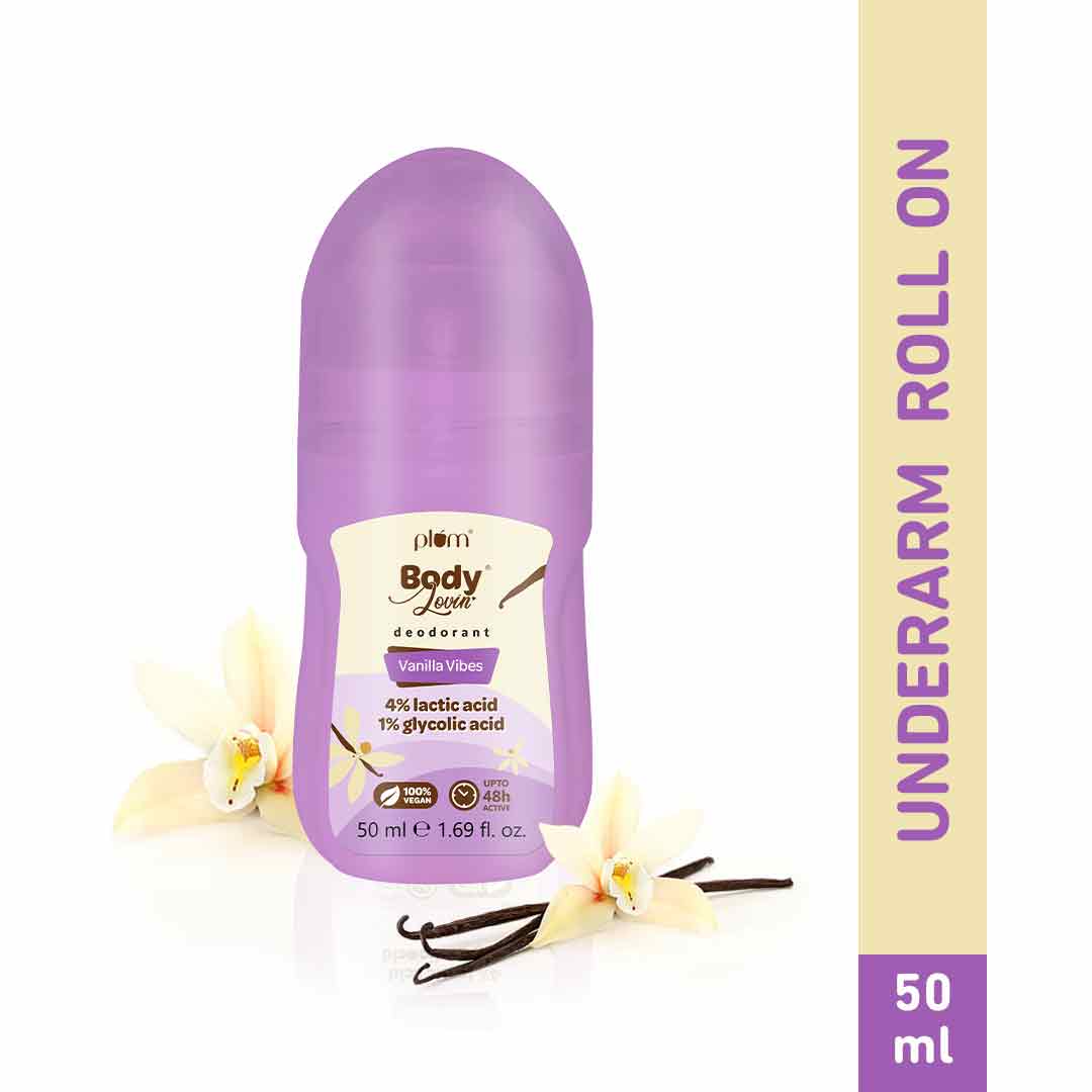 Plum Vanilla Vibes Deodorant Roll On by Plum BodyLovin' | 4% Lactic Acid & 1% Glycolic Acid | Controls Odor & Fades Underarm Darkness | Warm Vanilla Fragrance, 50ml