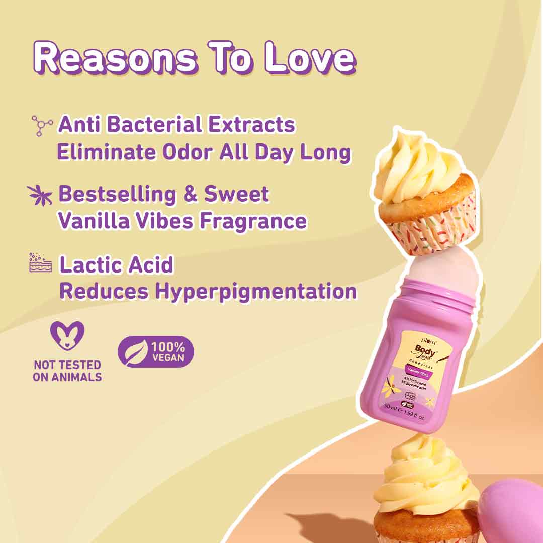 Plum Vanilla Vibes Deodorant Roll On by Plum BodyLovin' | 4% Lactic Acid & 1% Glycolic Acid | Controls Odor & Fades Underarm Darkness | Warm Vanilla Fragrance, 50ml