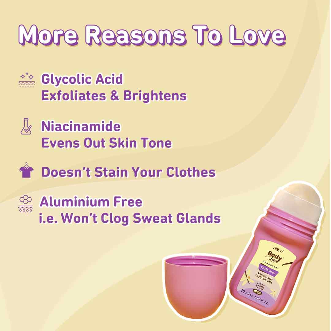 Plum Vanilla Vibes Deodorant Roll On by Plum BodyLovin' | 4% Lactic Acid & 1% Glycolic Acid | Controls Odor & Fades Underarm Darkness | Warm Vanilla Fragrance, 50ml