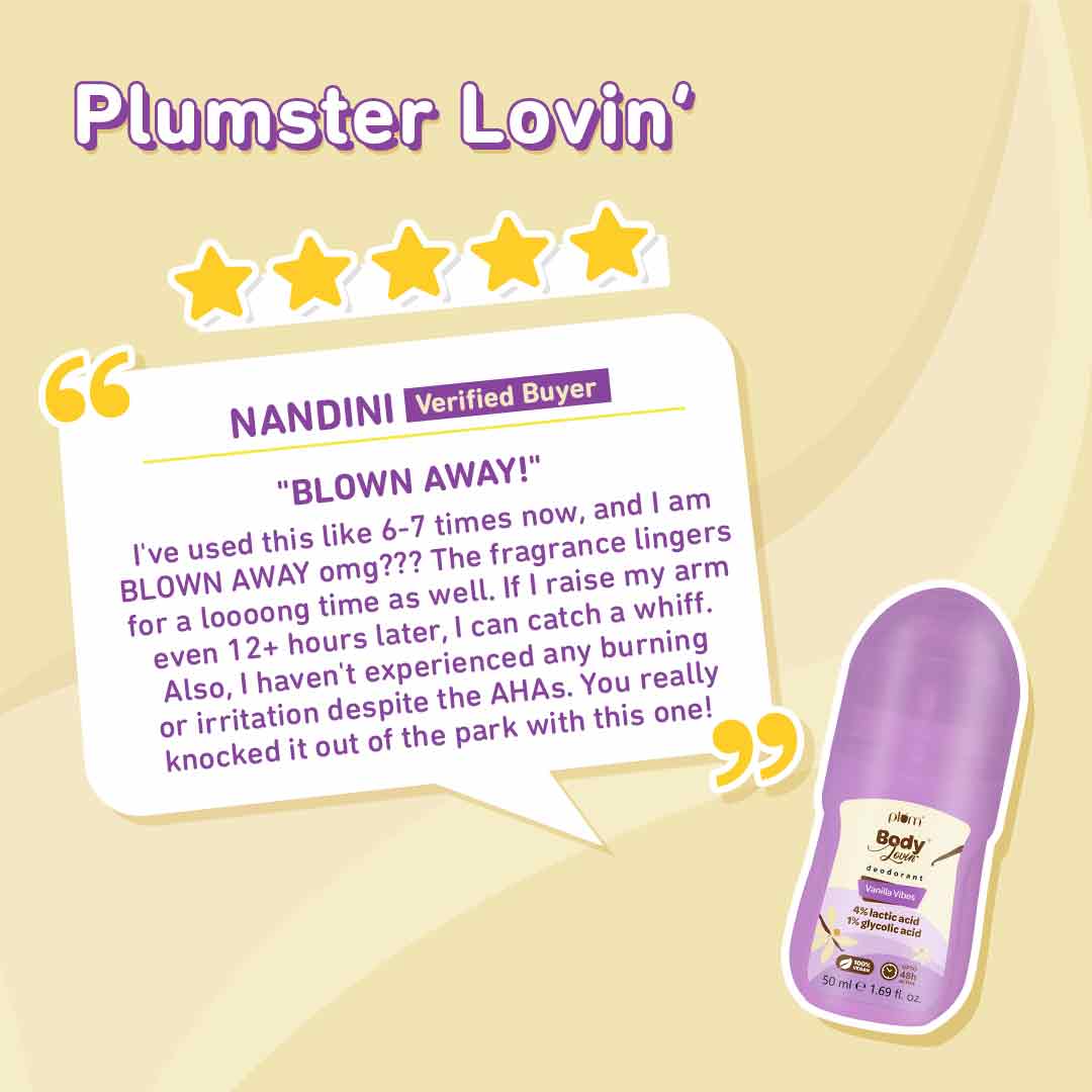 Plum Vanilla Vibes Deodorant Roll On by Plum BodyLovin' | 4% Lactic Acid & 1% Glycolic Acid | Controls Odor & Fades Underarm Darkness | Warm Vanilla Fragrance, 50ml