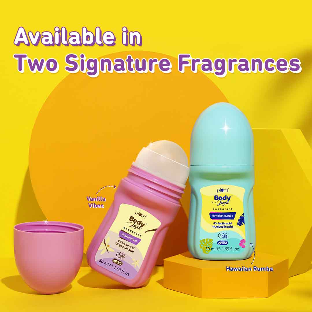 Plum Vanilla Vibes Deodorant Roll On by Plum BodyLovin' | 4% Lactic Acid & 1% Glycolic Acid | Controls Odor & Fades Underarm Darkness | Warm Vanilla Fragrance, 50ml