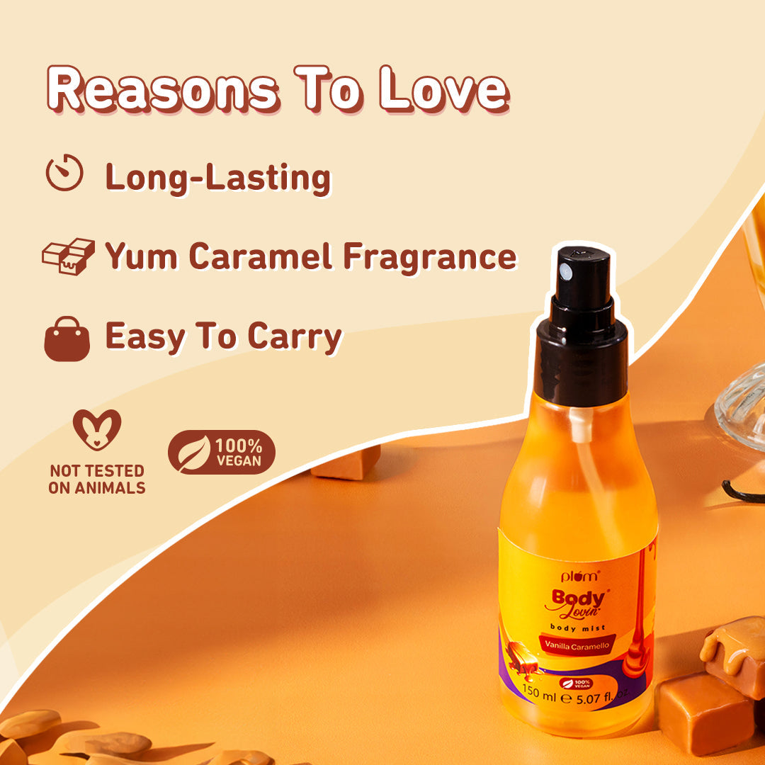 Plum Vanilla Caramello Body Mist by Plum BodyLovin' | Long Lasting |Travel-Friendly | Delicious Warm Vanilla & Caramel Fragrance | Perfume Body Spray, 150ml