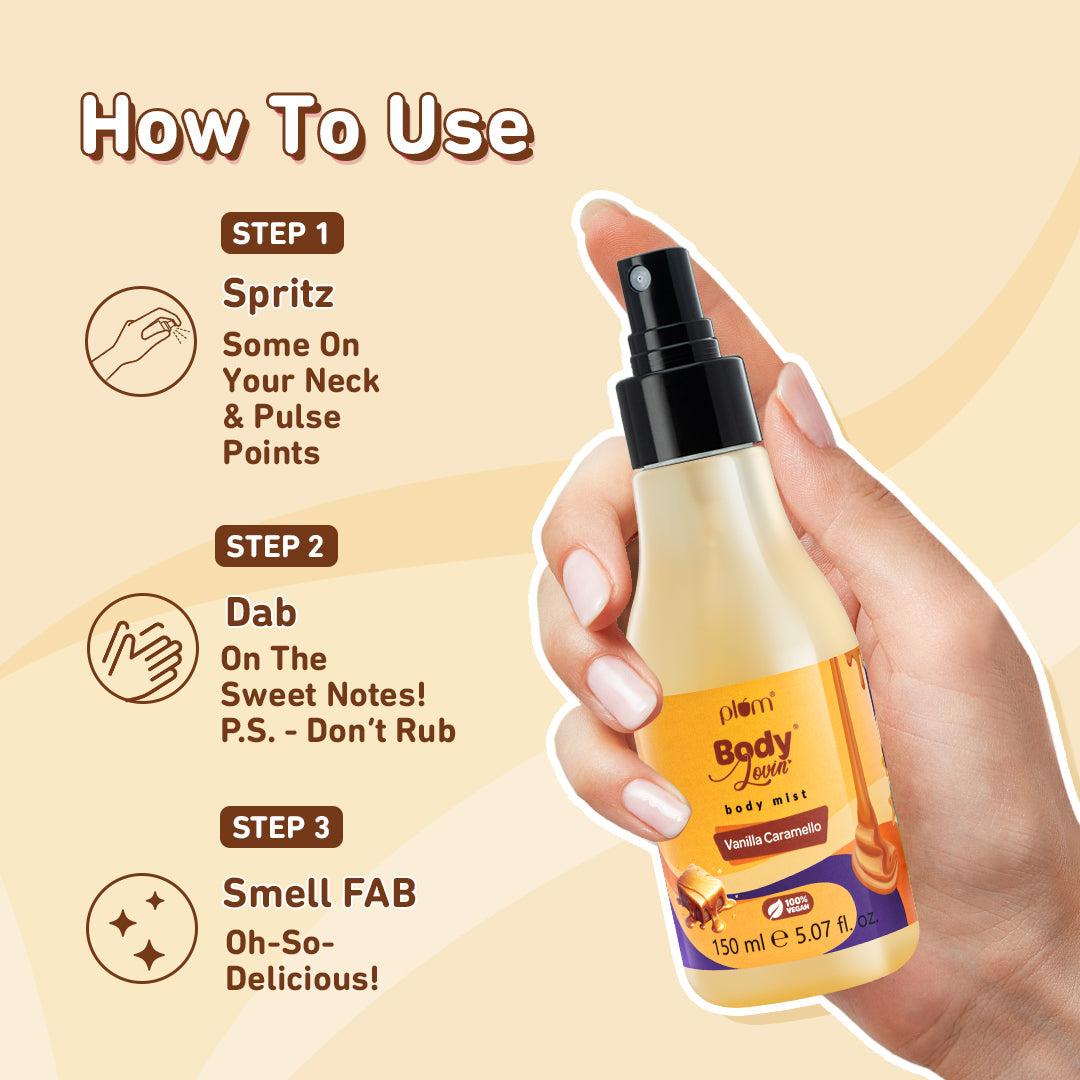 Plum Vanilla Caramello Body Mist by Plum BodyLovin' | Long Lasting |Travel-Friendly | Delicious Warm Vanilla & Caramel Fragrance | Perfume Body Spray, 150ml