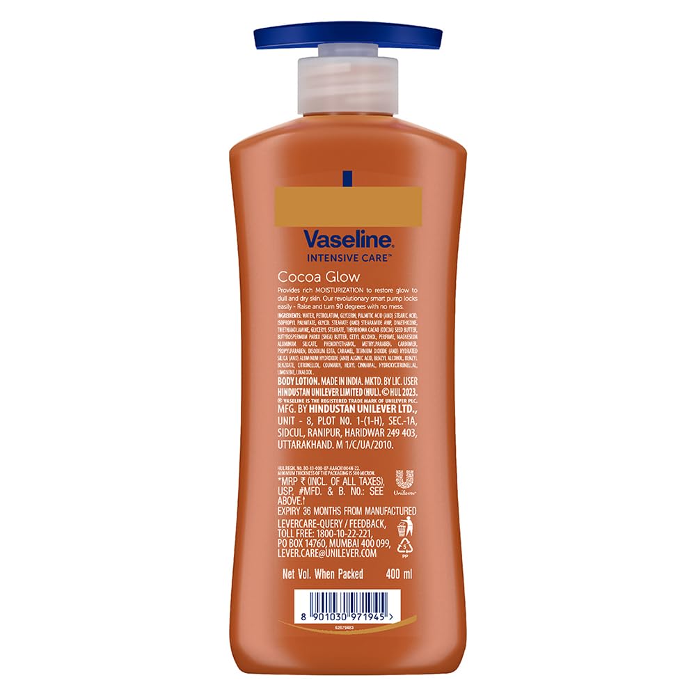 Vaseline Intensive Care Cocoa Glow lotion bottle on a white background