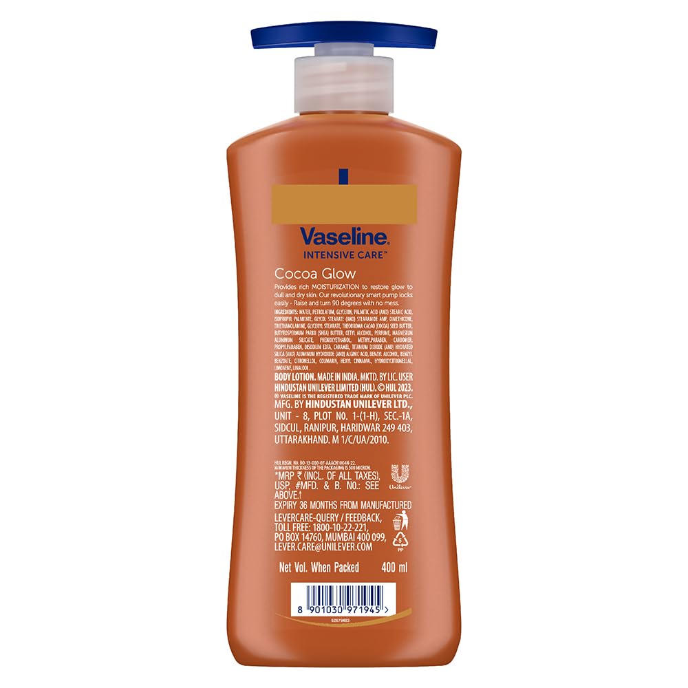 Vaseline Intensive Care Cocoa Glow lotion bottle on a white background