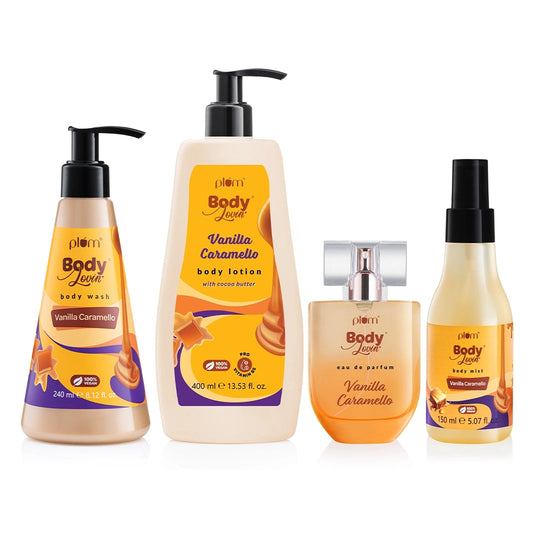 Plum Vanilla Caramello Bath & Body Bundle by Plum BodyLovin' | Body Wash, Body Lotion, Perfume & Body Mist | Complete Vanilla Caramello Bundle | Bodycare Routine Buy at Indicrest