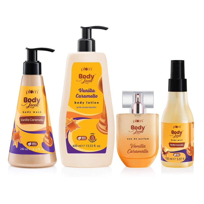 Plum Vanilla Caramello Bath & Body Bundle by Plum BodyLovin' | Body Wash, Body Lotion, Perfume & Body Mist | Complete Vanilla Caramello Bundle | Bodycare Routine Buy at Indicrest