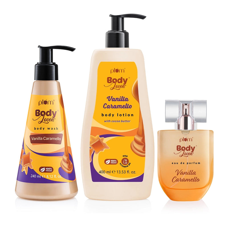 Plum Best Of Vanilla Caramello Trio by Plum bodyLovin' | Body Wash, Body Lotion & Perfume | Cleanses Without Drying | Moisturises Dry Skin | Long Lasting Buy at Indicrest