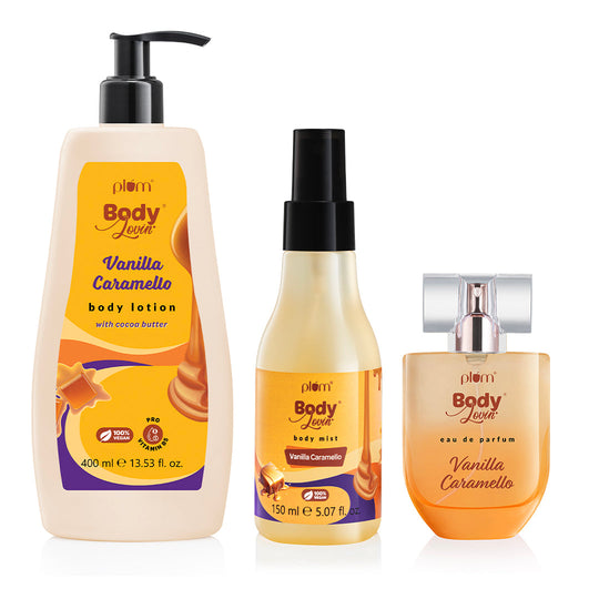 Plum Vanilla Caramello Body Trio by Plum BodyLovin | Intense Moisturization | Delicious Fragrance | Long Lasting Buy at Indicrest