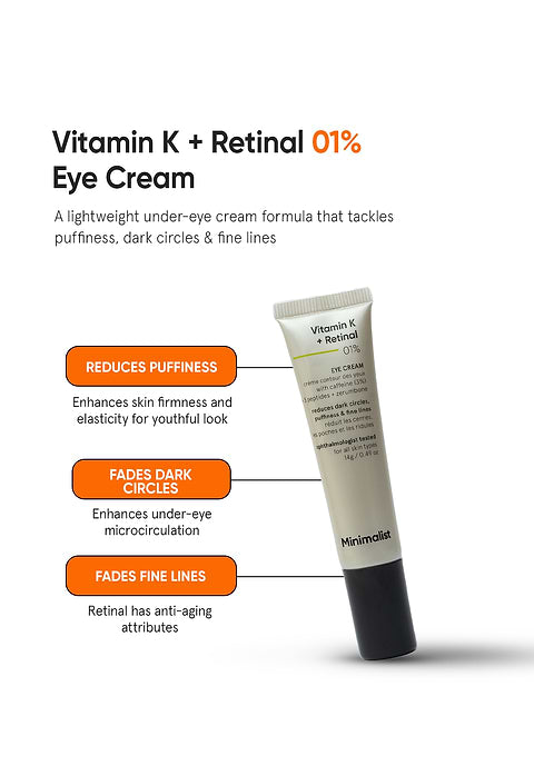 Minimalist Vitamin K + Retinal 1% Eye Cream For Reduces dark circles, puffiness &amp; fine lines, 14g - Image 2 - Buy from Indicrest