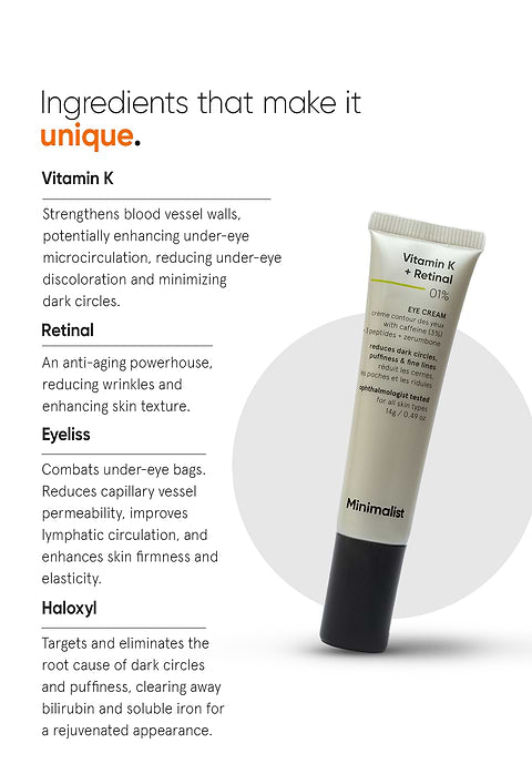 Minimalist Vitamin K + Retinal 1% Eye Cream For Reduces dark circles, puffiness &amp; fine lines, 14g - Image 4 - Buy from Indicrest