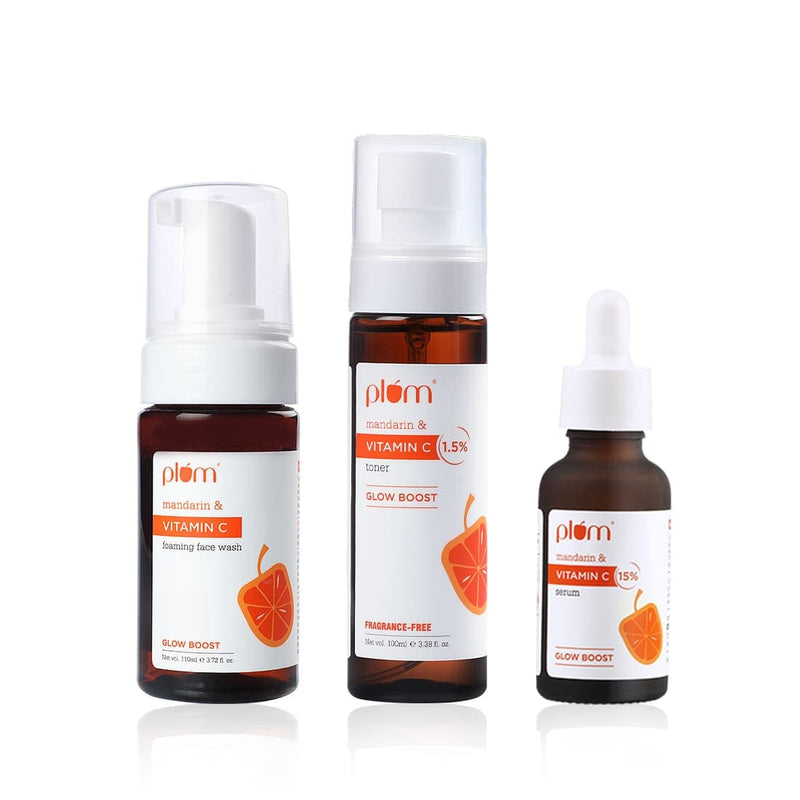 Plum Vitamin C Glow Like A Pro Combo | Foaming Face Wash, Toner, Serum | Fights Hyperpigmentation | Improves Uneven Skin Tone | 100% Vegan | All Skin Types Buy at Indicrest