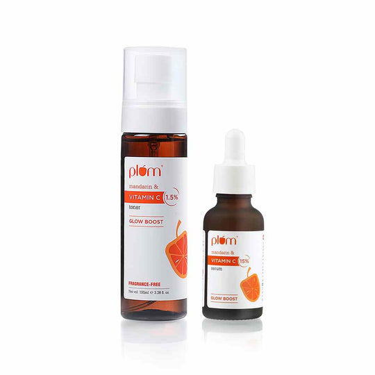 Plum Vitamin C Ultimate Glow Duo | 15% Vitamin C Serum with Mandarin, 30ml and 1.5% Vitamin C Toner with Mandarin, 100ml | For Glowing Skin | Tightens Pores | Fights Hyperpigmentation | Improves Uneven Skin Tone | Fragrance-Free | 100% Vegan Buy at Indicrest