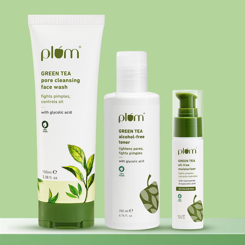 Plum Plum Green Tea CTM routine for Oily, Acne-prone Skin with Green Tea Face Wash, Green Tea Toner and Green Tea Moisturizer | Removes 99% Impurities | Alcohol-Free Toner | Non-Comedogenic, Lightweight Moisturizer Buy at Indicrest