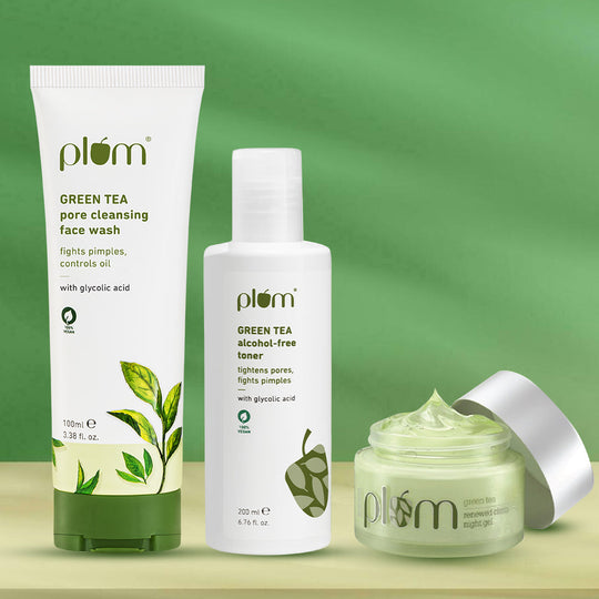 Plum Plum Green Tea PM Reset Kit for Oily, Acne-prone Skin with Green Tea Face Wash, Green Tea Toner, and Green Tea Night Gel | Removes 99% Impurities | Alcohol-Free Toner | Non-Greasy Night Gel Buy at Indicrest