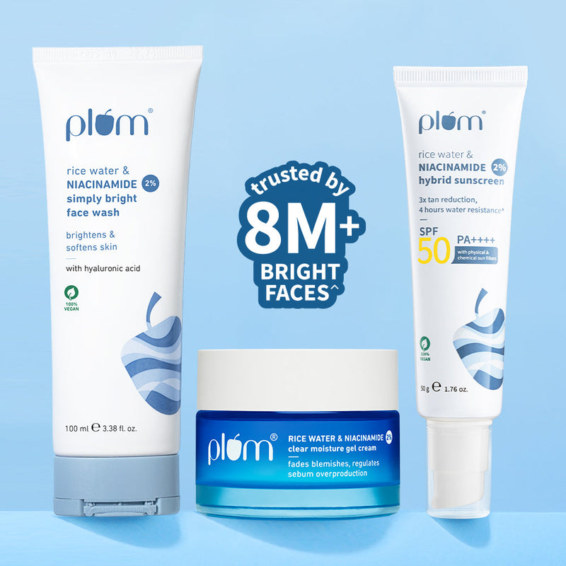 Plum Niacinamide & Rice Water Brightening CMS Combo | Brightens Skin | Fades Blemishes | Hydrates | SPF50 PA++++ Buy at Indicrest