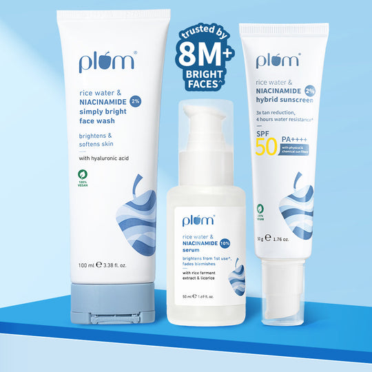 Plum Niacinamide & Rice Water Clearly Bright Combo | Brightens Skin | Fades Blemishes | Hydrates | SPF50 PA++++ Buy at Indicrest