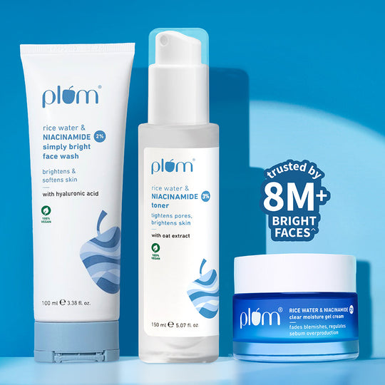 Plum Niacinamide & Rice Water Brightening CTM Combo | Brightens Skin | Fades Blemishes | Smoothens Texture Buy at Indicrest