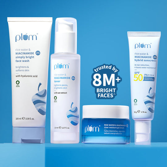 Plum Niacinamide & Rice Water CTMS Combo | Face Wash, Toner, Moisturizer & Sunscreen | Brightens Skin | Fades Blemishes | Tightens Pores | SPF50 PA++++ Buy at Indicrest