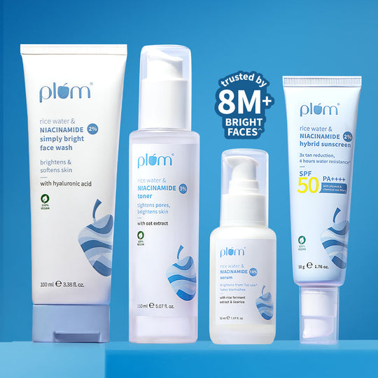 Plum Niacinamide & Rice Water Brightening Combo | Brightens Skin | Fades Blemishes | Tightens Pores | SPF50 PA++++ Buy at Indicrest