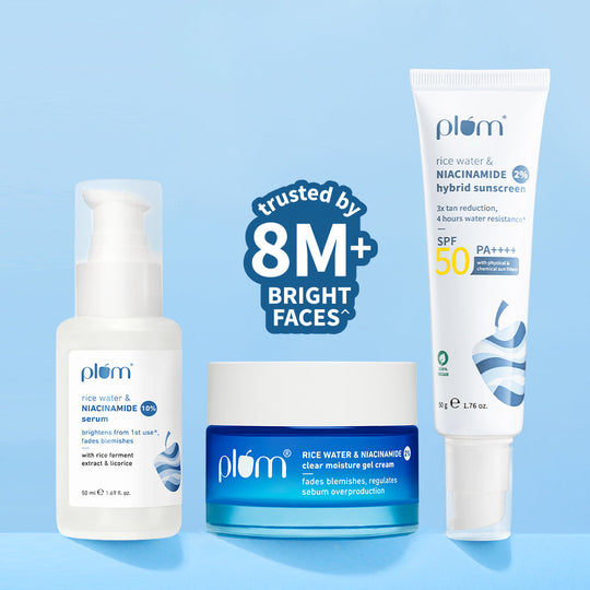 Plum Niacinamide & Rice Water Brighten Up Combo | Brightens Skin | Fades Blemishes | Hydrates | SPF50 PA++++ Buy at Indicrest