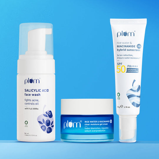 Plum Brightening Combo for Acne-prone skin with Salicylic Acid Face Wash, Niacinamide Gel Cream & Niacinamide SPF50 Sunscreen | For Oily, Acne-Prone Skin | Brightens & Hydrates | SPF50 PA++++ Buy at Indicrest