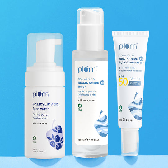 Plum Pore-fect & Protect Combo for Acne-prone skin with Salicylic Acid Face Wash, Niacinamide Toner & Niacinamide SPF50 Sunscreen | Fights Active Acne | Tightens Pores | Brightens Skin | SPF50 PA++++ Buy at Indicrest