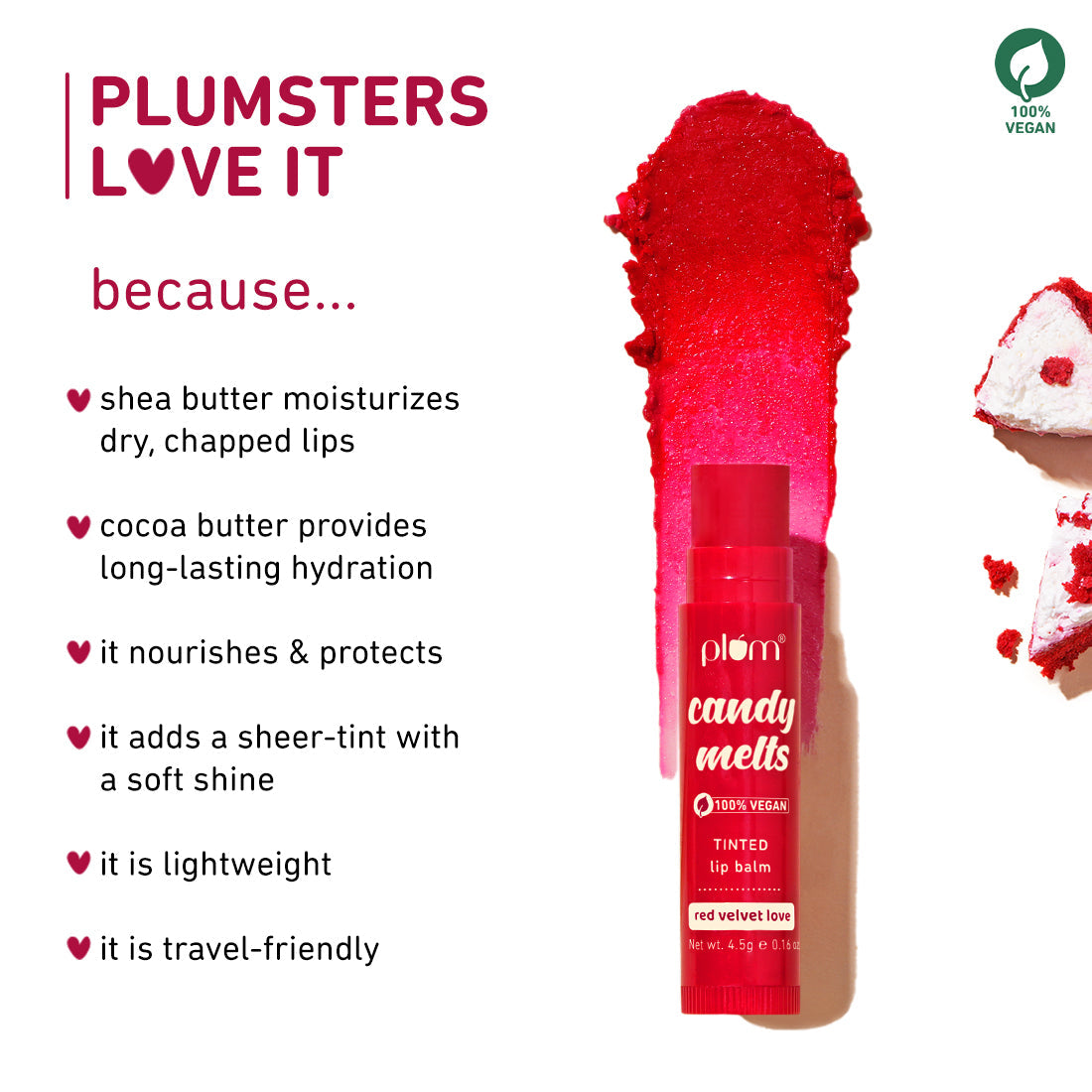 Plum Candy Melts Red Velvet Love Tinted Lip Balm | Nourishes & Protects | Sheer-Tint | Velvety Smooth, 4.5g