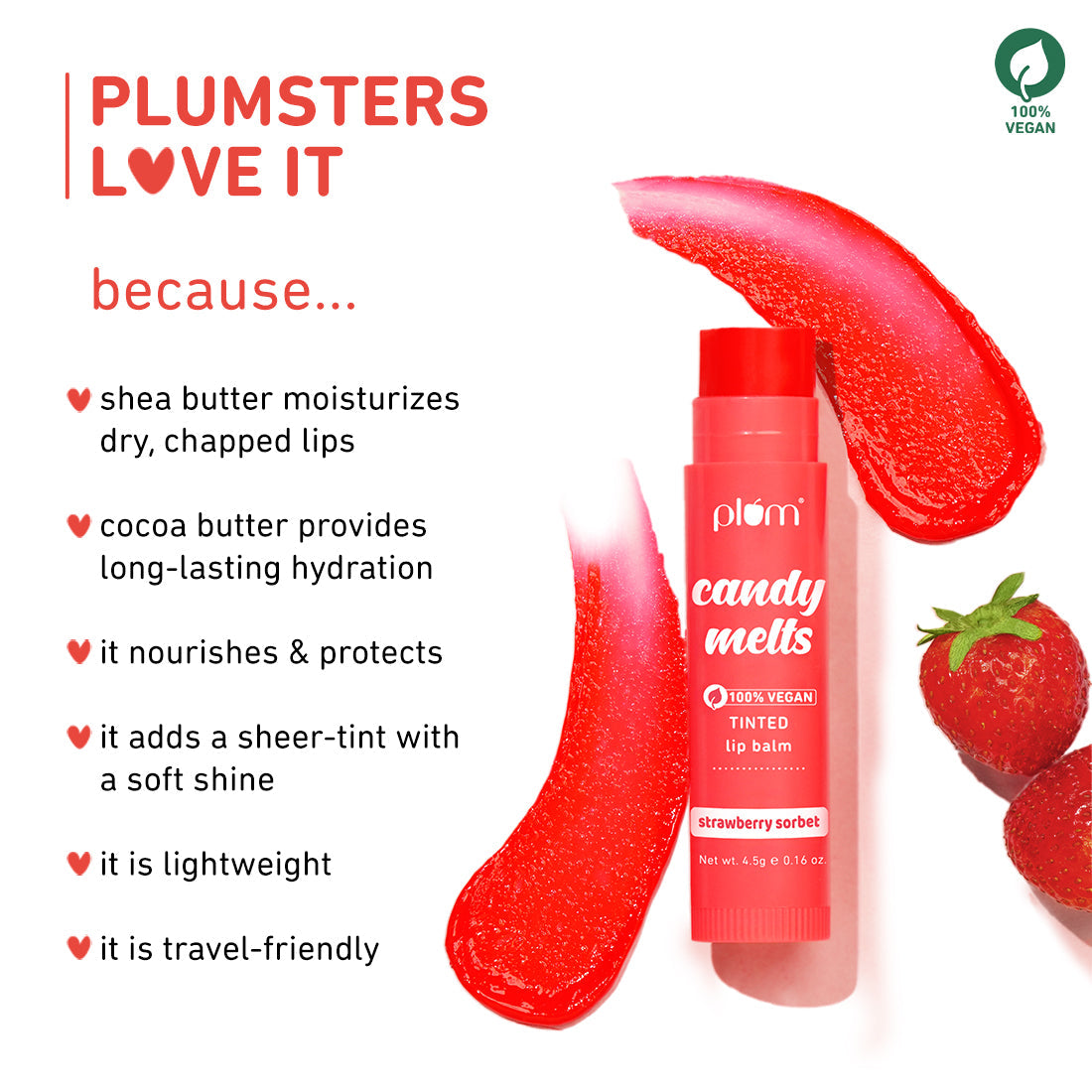 Plum Candy Melts Strawberry Sorbet Tinted Lip Balm | Nourishes & Protects | Sheer-Tint | Velvety Smooth, 4.5g