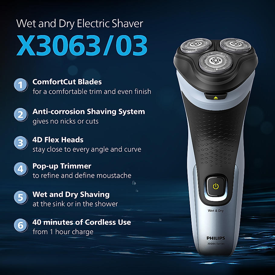 Philips Electric Shaver for Men-| SkinProtect Technology, Wet and Dry Shave | 4D Floating Heads | 27 Self Sharpening Blades | Pop up Trimmer | Cordless | Waterproof | X3063/03