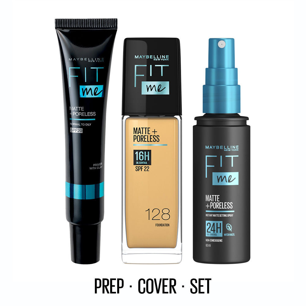 Maybelline New York Matte Flawless Skin Kit: Fit Me Foundation, 128 + Primer + Setting Spray Combo, 3 pieces Buy at Indicrest