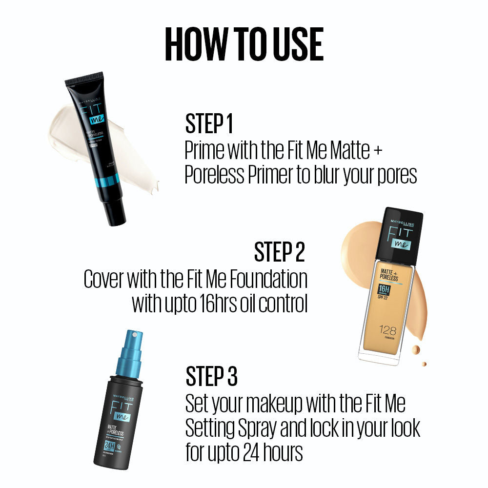 Maybelline New York Matte Flawless Skin Kit: Fit Me Foundation, 128 + Primer + Setting Spray Combo, 3 pieces Buy at Indicrest Image 3