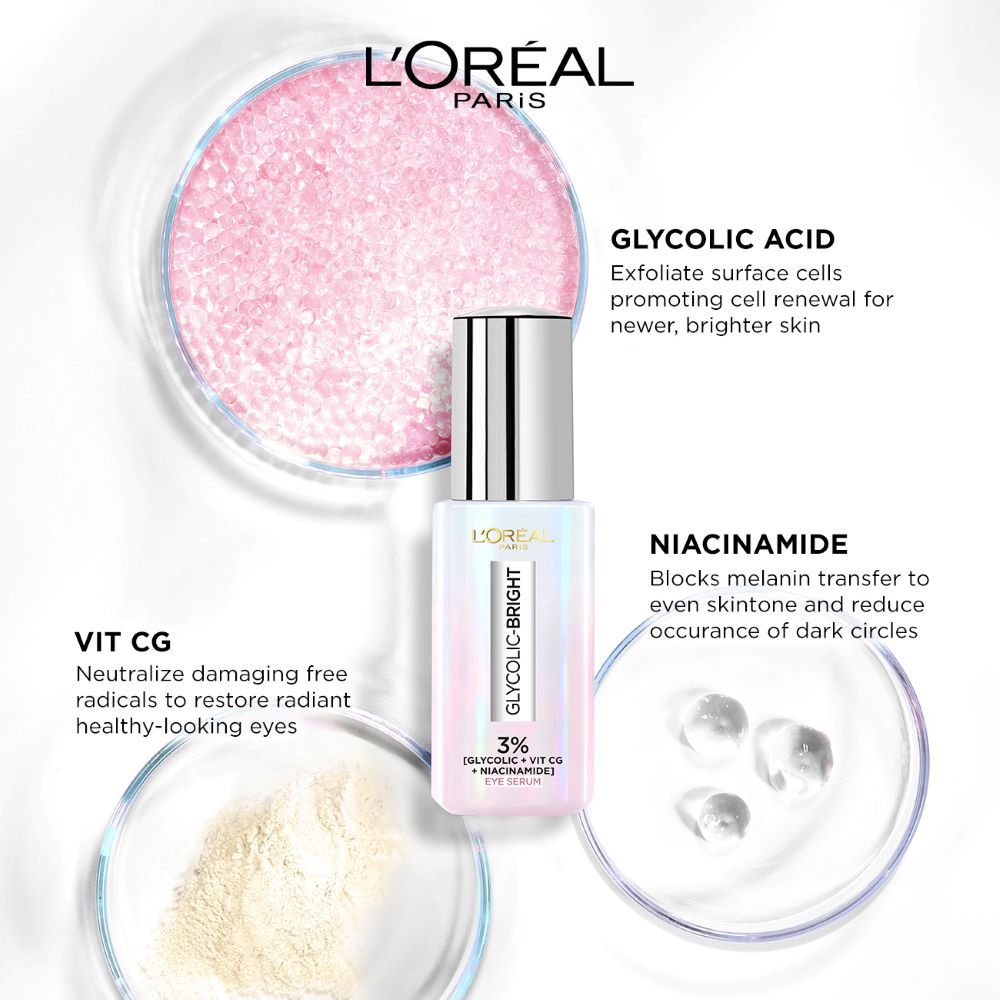 L'Oreal Paris Glycolic Bright Dark Circle Eye Serum With 3% Glycolic + Niacinamide + Vitamin C, 20ml Buy at Indicrest Image 6