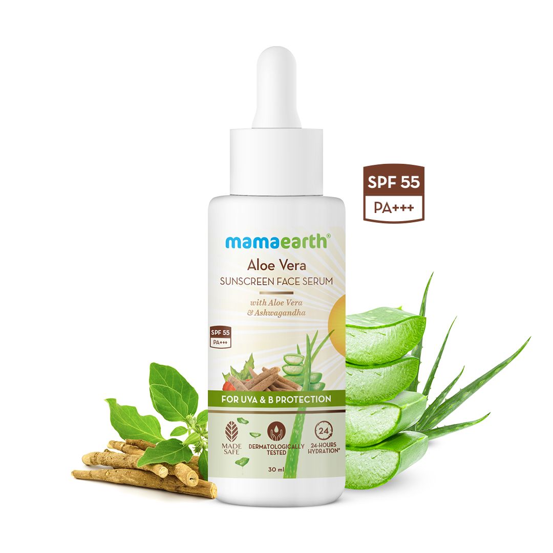 Mamaearth Aloe Vera Sunscreen Face Serum with Aloe Vera & Ashwagandha for UVA & B Protection, 30ml - Buy from Indicrest