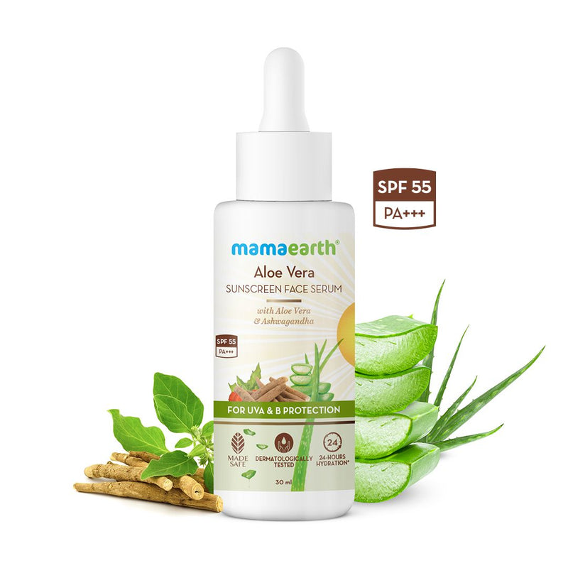 Mamaearth Aloe Vera Sunscreen Face Serum with Aloe Vera & Ashwagandha for UVA & B Protection, 30ml - Buy from Indicrest