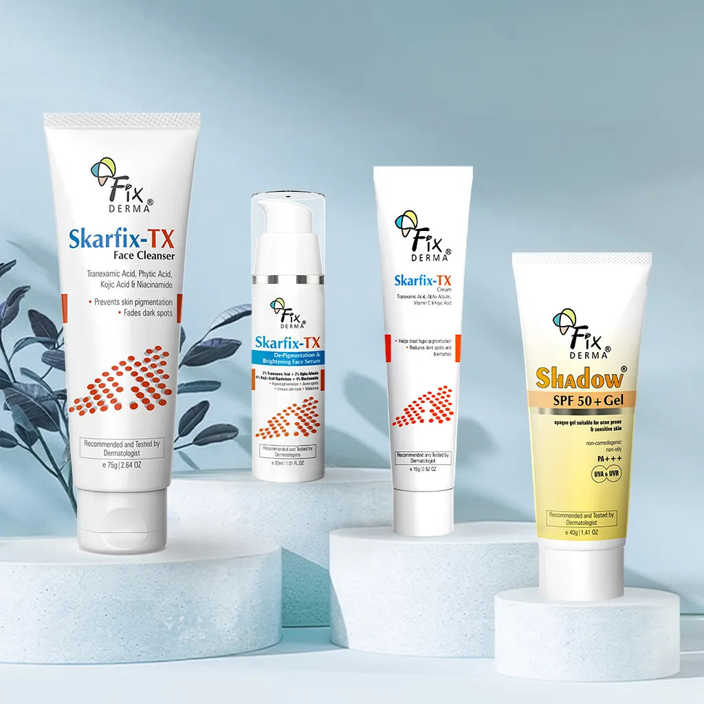 Fixderma Anti Pigmentation & Brightening Skarfix-TX CSMS Combo | Complete Skincare Routine for Hyperpigmentation, Face Cleanser 75g + Face Serum 30ml + Cream 15g + Sunscreen 40g - Image 2 - Buy from Indicrest
