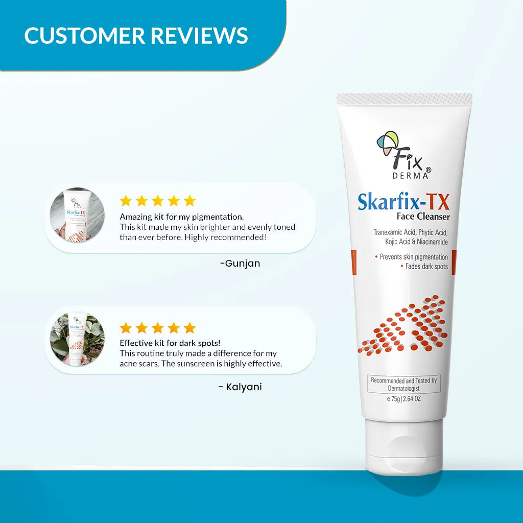 Fixderma Anti Pigmentation & Brightening Skarfix-TX CSMS Combo | Complete Skincare Routine for Hyperpigmentation, Face Cleanser 75g + Face Serum 30ml + Cream 15g + Sunscreen 40g - Image 6 - Buy from Indicrest