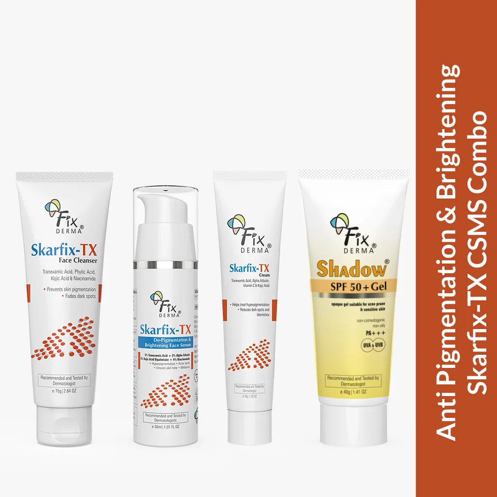 Fixderma Anti Pigmentation & Brightening Skarfix-TX CSMS Combo | Complete Skincare Routine for Hyperpigmentation, Face Cleanser 75g + Face Serum 30ml + Cream 15g + Sunscreen 40g - Image 8 - Buy from Indicrest