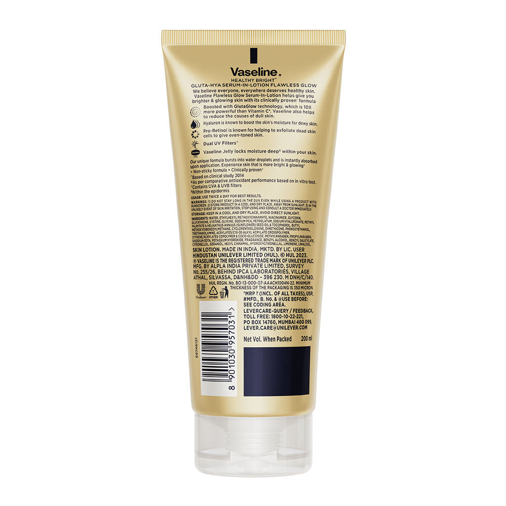 Vaseline Gluta-Hya Flawless Glow Lotion Bright, Even Tone Skin Glutathione Infused Moisturizer, 200ml Buy at Indicrest Image 8