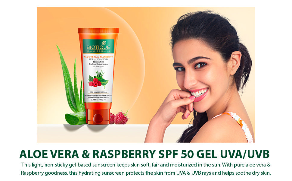 Biotique Aloe Vera & Raspberry SPF 50 Hydra Gel Indian Sunscreen, 100g - Image 3 - Buy from Indicrest