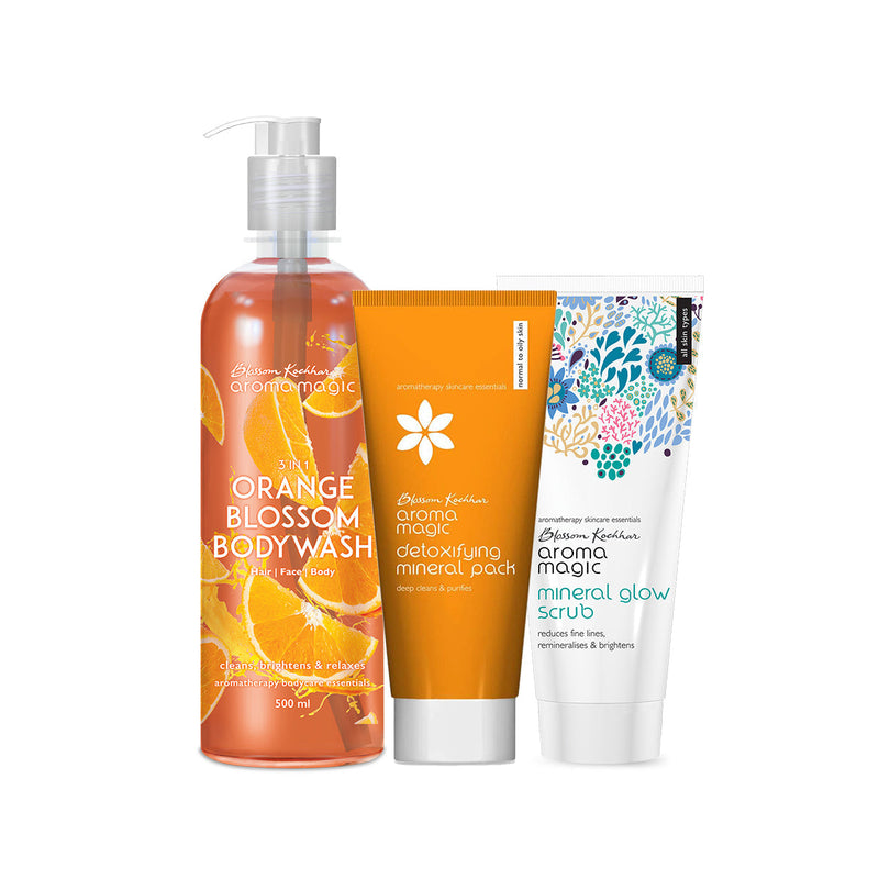 Aroma Magic Body Acne Combo, Orange Blossom Body Wash 220ml + Mineral Glow Scrub 100ml + Detoxifying Mineral Pack 100g - Buy from Indicrest