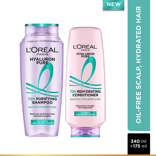L'Oreal Paris Hyaluron Pure 2 - Step Haircare Regime For 72H Oil - Free Scalp & Hydrated Hair Shampoo, 340ml + Conditioner, 175ml Combo, 2 pieces Buy at Indicrest